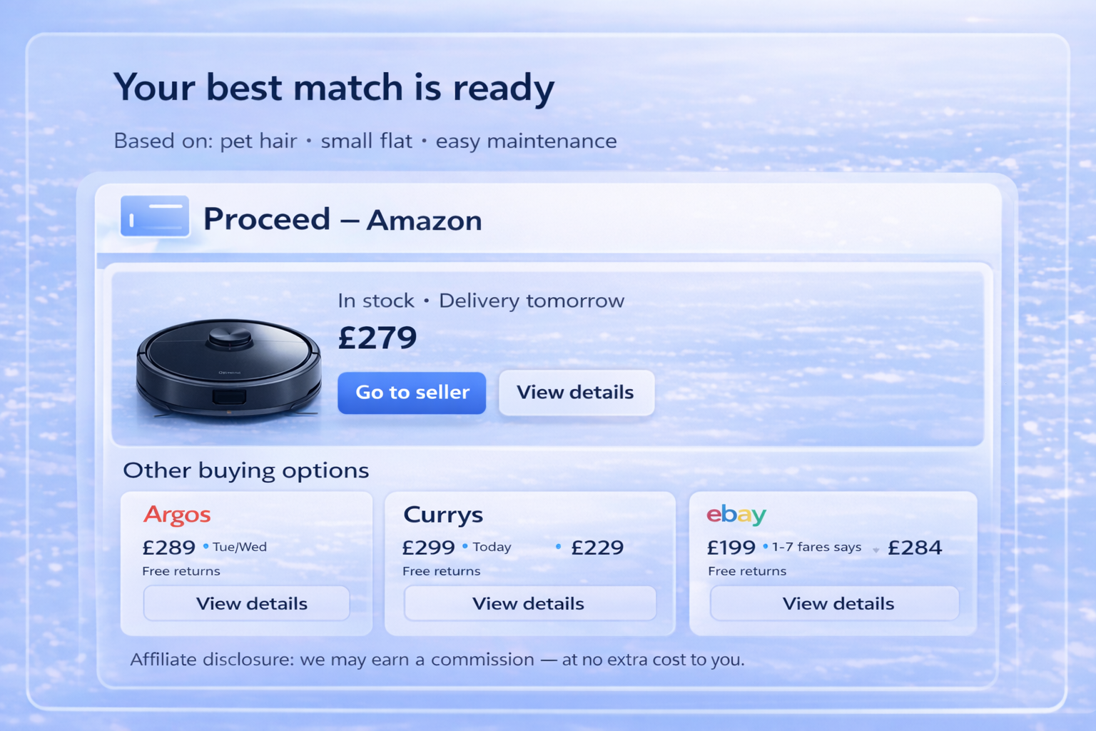 MVP screen 3: final choice and where to buy